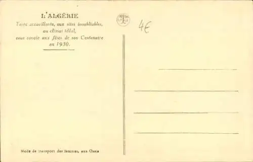 Ak Algerien, Frau auf Kamel reitend, Transport, Maghreb