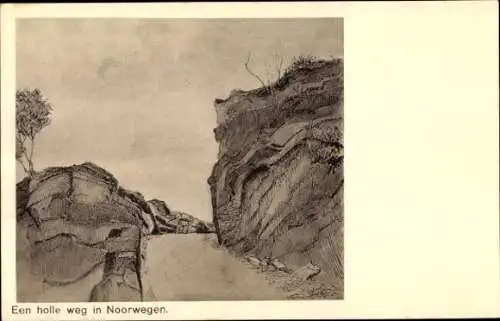 Ak Norwegen, Straße, Felsen, Baum