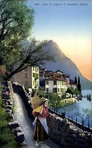 Ak San Mamette Lago di Lugano Tessin Schweiz, Teilansicht, Frau in Tracht