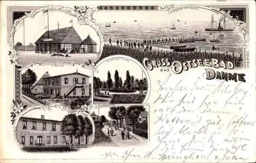 Litho Ostseebad Dahme in Holstein, Pension zur Linde, Seebrücke, Dorfpartie