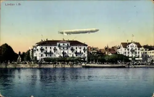 Ak Lindau am Bodensee Schwaben, Teilansicht, Zeppelin