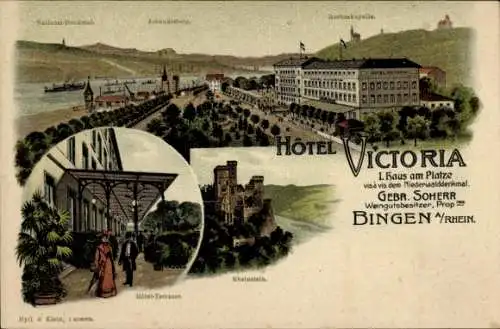 Litho Bingen, Hotel Victoria, Inh. Gebr. Soherr, Johannisberg, Rochuskapelle, Rheinstein