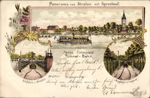 Litho Berlin Friedrichshain Stralau, Panorama mit Spreelauf, Tunnelbahn