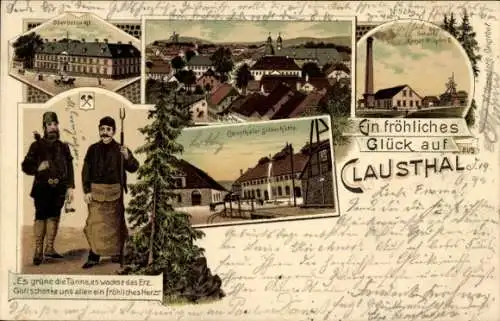 Litho Clausthal Zellerfeld im Oberharz, Oberbergamt, Bergarbeiter, Silberhütte, Schacht Wilhelm II.