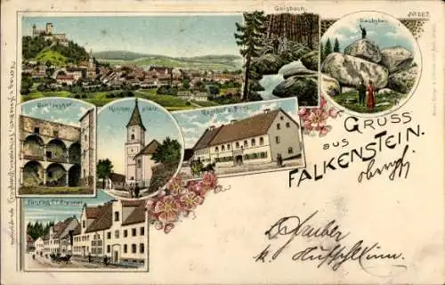 Litho Falkenstein in der Oberpfalz, Schlosshof, Kirche, Gasthof zur Post, Dachsbau, Brauerei