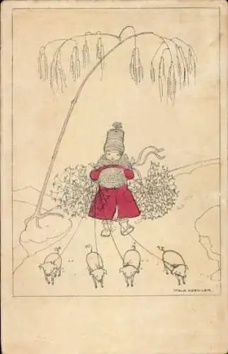 Künstler Ak Köhler, Mela, Mädchen mit Schweinen an der Leine, Misteln