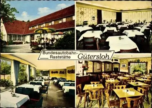 Ak Gütersloh in Westfalen, Bundesautobahn Rasthaus Hotel, G. Neef, Aussen- und Innenansicht