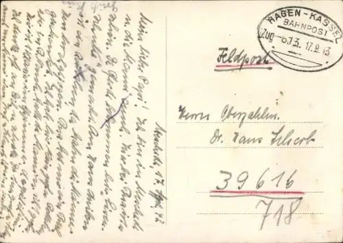 Bahnpoststempel Hagen - Kassel auf Ak, Zug 613, 17.09.1943
