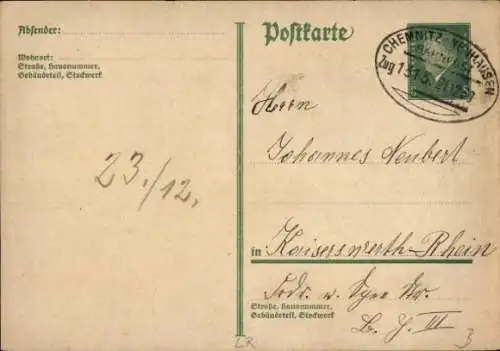 Bahnpoststempel Chemnitz - Neuhausen Zug 1313, 21.12.1930 auf Ganzsache