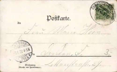 Bahnpoststempel Chemnitz - Aue - Adorf, Zug 1767, 8.8.1900, auf Ak