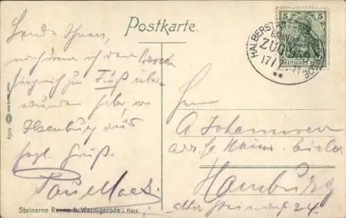 Bahnpoststempel Halberstadt - Wernigerode, Zug 955, 17.7.1911, auf Ak