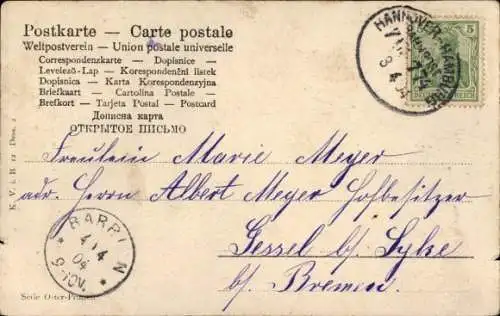 Bahnpoststempel Hannover - Hamburg, Zug 774, 3.4.1904, auf Ak