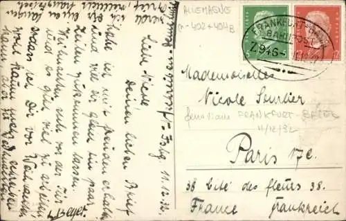 Bahnpoststempel Frankfurt - Basel, Zug 946, 11.12.1932, auf Ak