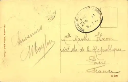 Bahnpoststempel Müllheim (Baden) - Badenweiler, Zug 11, 8.7.1910, auf Ak