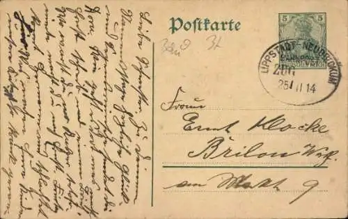 Bahnpoststempel Lippstadt - Neubeckum, 25.11.14, auf Postkarte Ganzsache