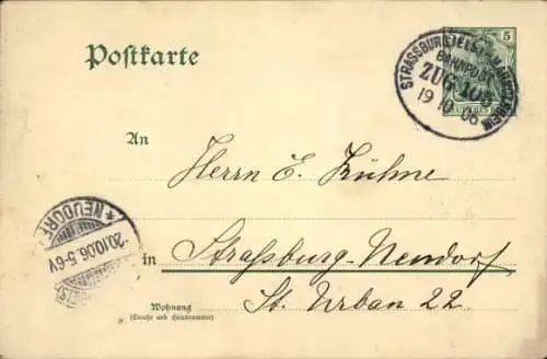 Bahnpoststempel Strassburg (Els.) - Markolsheim, Zug 105, 19.10.06, auf Postkarte Ganzsache