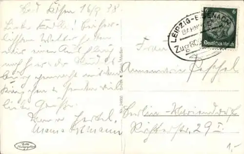 Bahnpoststempel Leipzig - Eisenach, Zug 806, 16.9.38, auf Ak