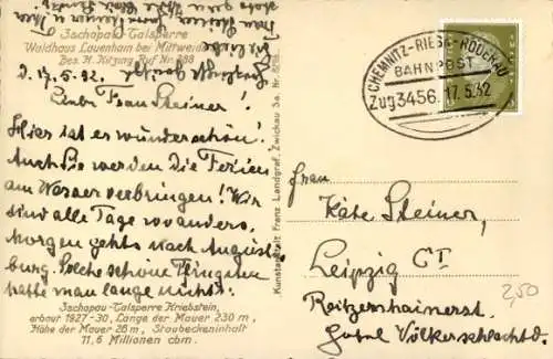 Bahnpoststempel Chemnitz - Riesa - Röderau, Zug 3456, 17.5.32, auf Ak