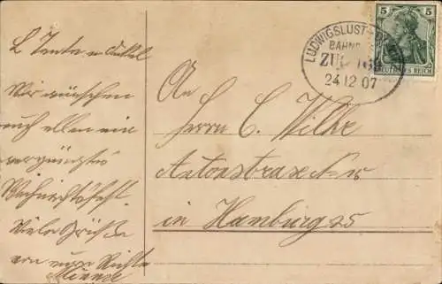 Bahnpoststempel Ludwigslust - Dömitz, Zug 169, 24.12.07, auf Ak