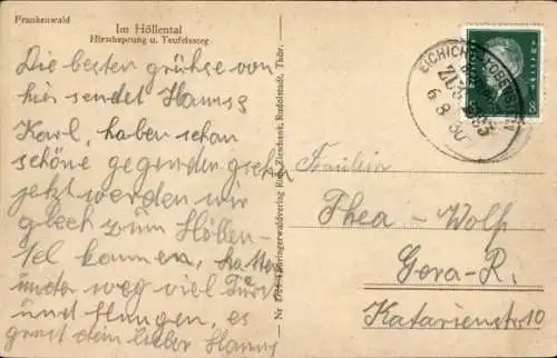 Bahnpoststempel Eichicht - Lobenstein, Zug 1093, 6.8.30, auf Ak