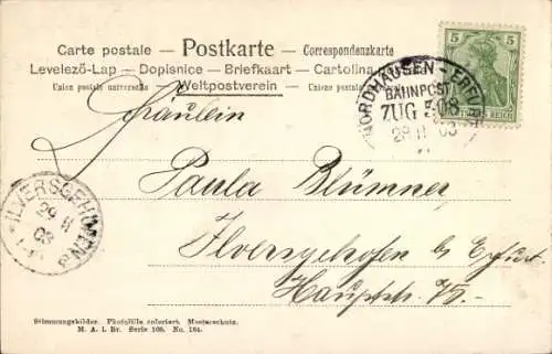 Bahnpoststempel Nordhausen - Erfurt, Zug 508, 28.11.03, auf Ak