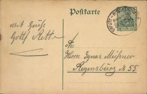 Bahnpoststempel Erfurt - Ritschenhausen, Zug 284, 7.3.16 auf Postkarte Ganzsache