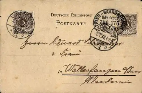 Bahnpoststempel Trier - Saarbrücken, Zug 175, 1.1.98, auf Ak