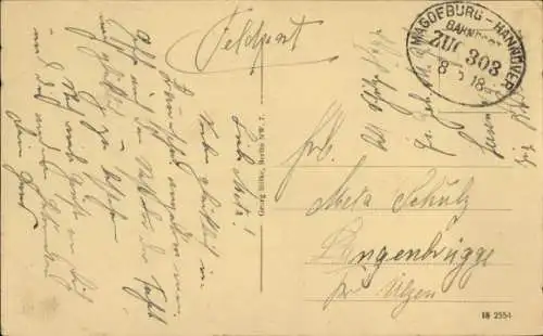 Bahnpoststempel Magdeburg - Hannover, Zug 303, 8.5.18, auf Ak