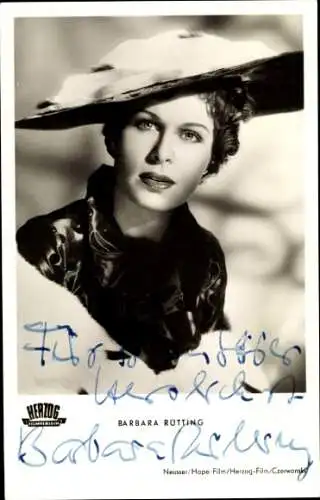 Ak Schauspielerin Barbara Rütting, Portrait, Hut, Herzog Film, Autogramm