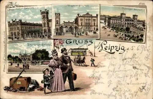 Litho Leipzig in Sachsen, Bahnhöfe, Reisende, Straßenbahn, Bruno Bürger 352