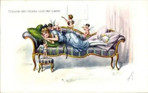 Künstler Ak Träume des Glücks und der Liebe, Engel, schlafende Frau