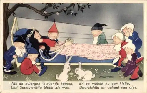 Künstler Ak Schermele, Willy, Schneewittchen und die sieben Zwerge, Glassarg, Hasen