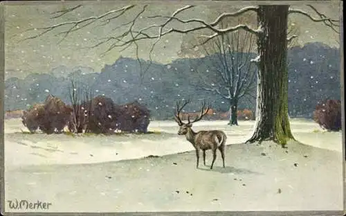 Künstler Ak Merker, W., Winterlandschaft mit einem Hirsch