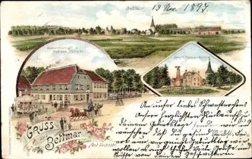 Litho Bettmar Vechelde in Niedersachsen, Gesamtansicht, Gastwirtschaft, Kriegerdenkmal