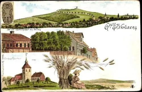 Litho Groß Vahlberg Vahlberg Niedersachsen, Kirche, Pfarrhaus, Gastwirtschaft, Ährenbündel