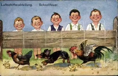 Ak Luftschifferabteilung, Schnellfeuer, Kinder pinkeln auf Tiere