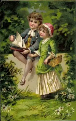 Ak Junge mit Modellboot, Mädchen