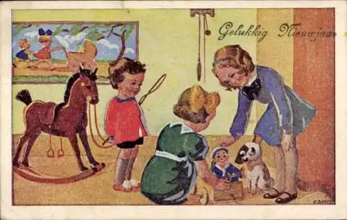 Künstler Ak Glückwunsch Neujahr, Kinder mit Schaukelpferd, Hund, Puppe