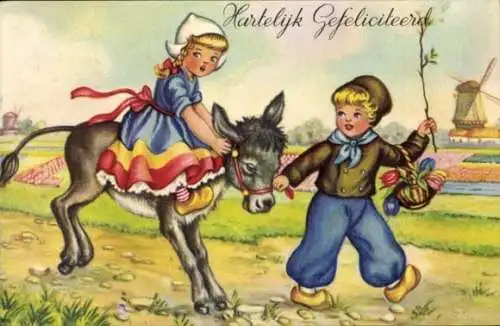 Ak Glückwunsch, Mädchen in niederländischer Tracht auf einem störrischen Esel
