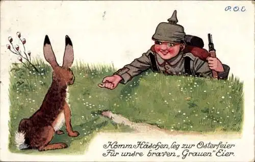 Künstler Ak Engelhard, P.O.E., Glückwunsch Ostern, Osterhase, Soldat