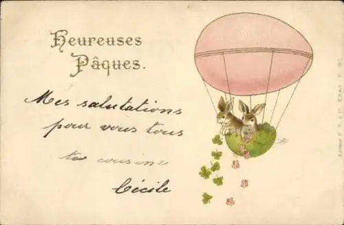 Litho Glückwunsch Ostern, Hasen streuen Glücksklee, Osterei-Ballon