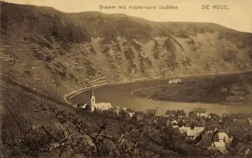 Ak Bremm an der Mosel, Gesamtansicht, Klosterruine Stubben
