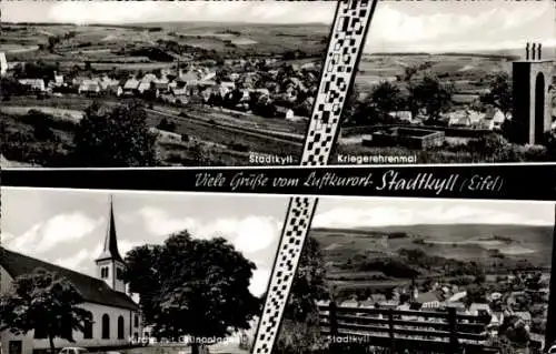 Ak Stadtkyll in der Eifel, Kriegerehrenmal, Kirche mit Grünanlagen, Campingplatz am Stausee