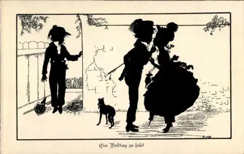 Scherenschnitt Ak Ein Posttag zu spät, Liebespaar, Kuss, Hund