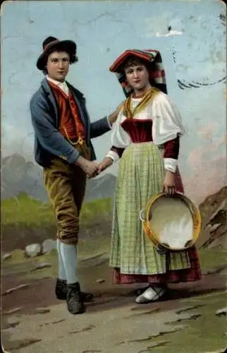 Ak Liebespaar in italienischer Volkstracht, Tamburin