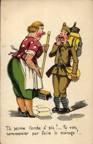 Ak Wütende Frau mit Besen, Soldat