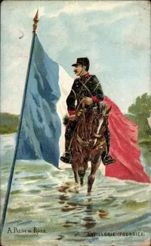 Ak Französischer Soldat zu Pferde, Französische Fahne
