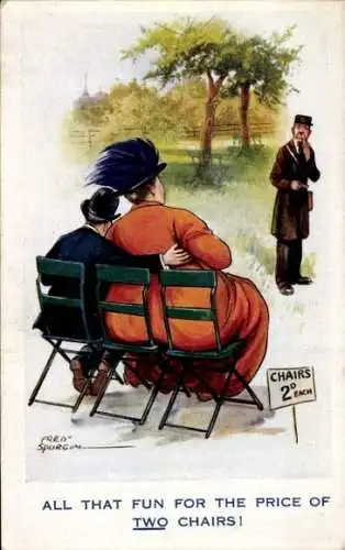 Künstler Ak Spurgin, F., Liebespaar, Übergewichtige Frau sitzt auf zwei Stühlen