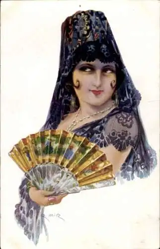 Künstler Ak Mir, R., Frau in spanischer Volkstracht, Fächer