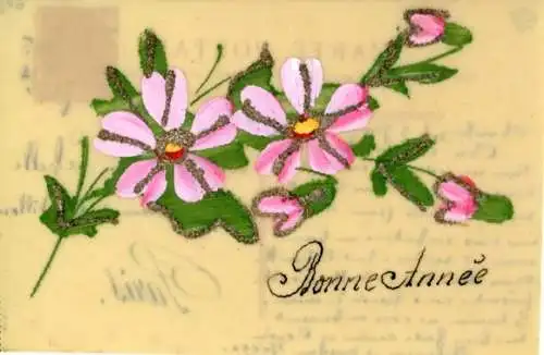 Zelluloid Glitzer Ak Glückwunsch Neujahr, Blumen